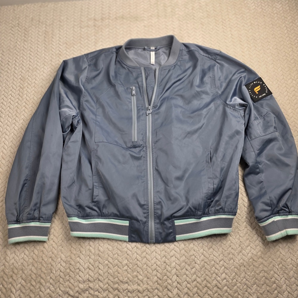 Fabletics Womens Bomber Jacket Blue Striped Trim Zip Up Activewear Small‎